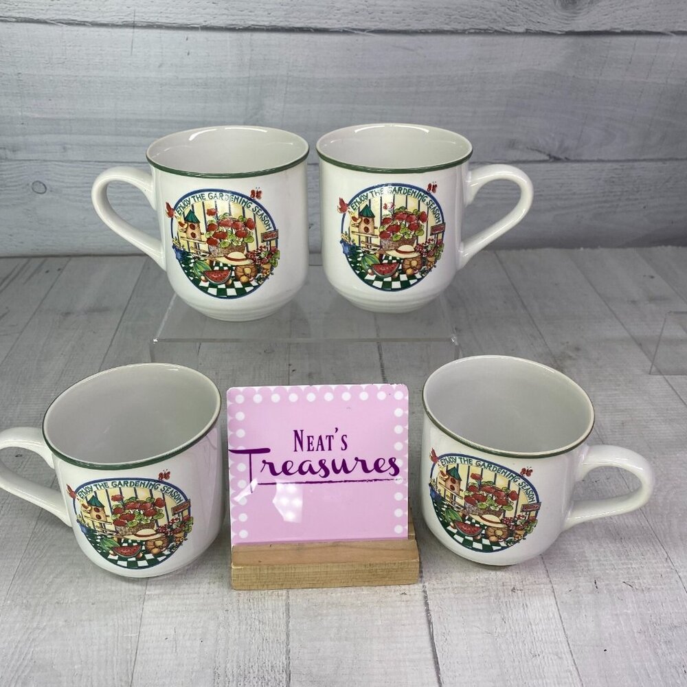 International Tableworks GARDENING SEASON Bird Stoneware 12oz Cups Mugs Set of 4
